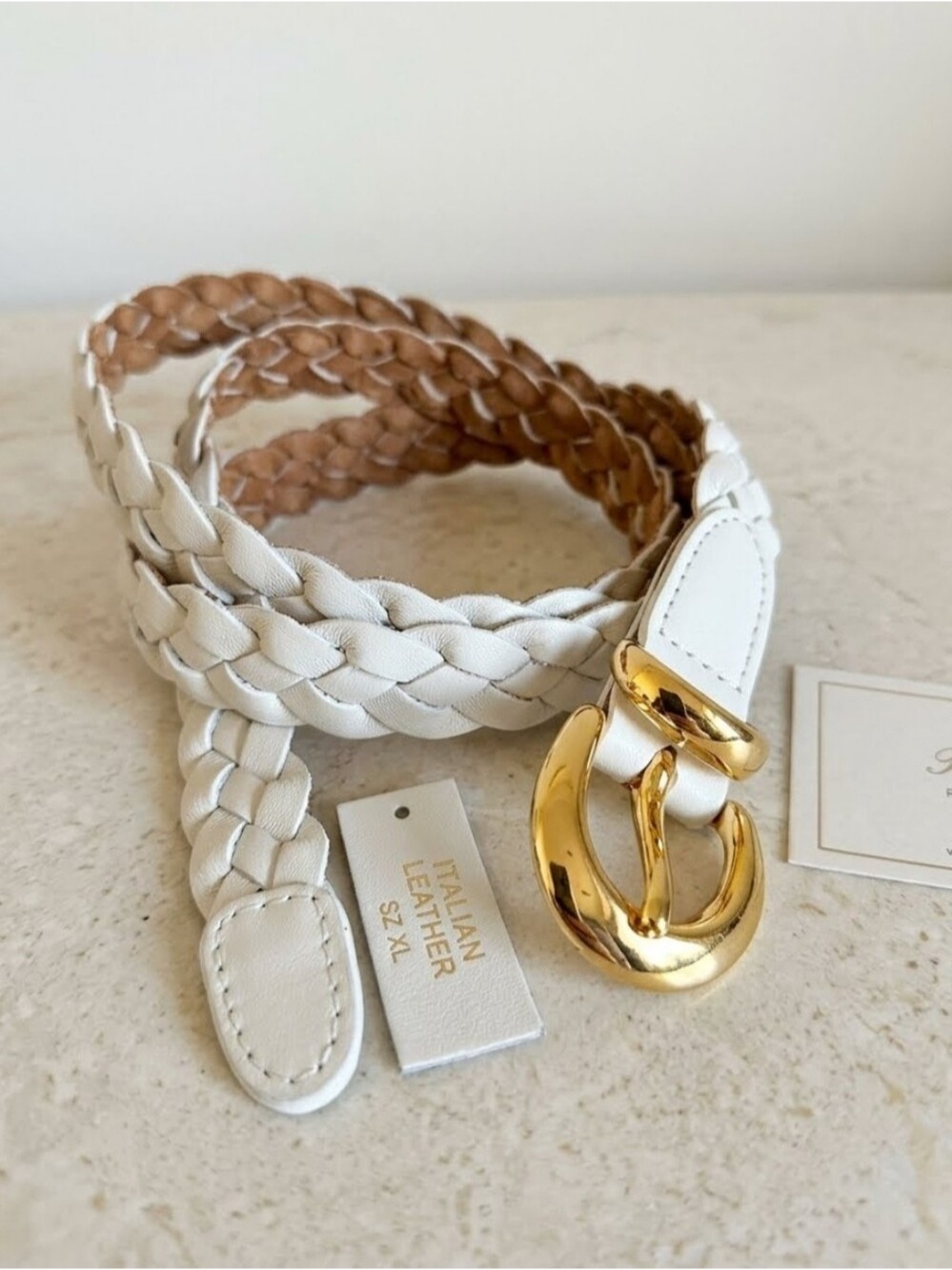 Genuine Italian Leather White Woven Braided Belt Gold Tone XL